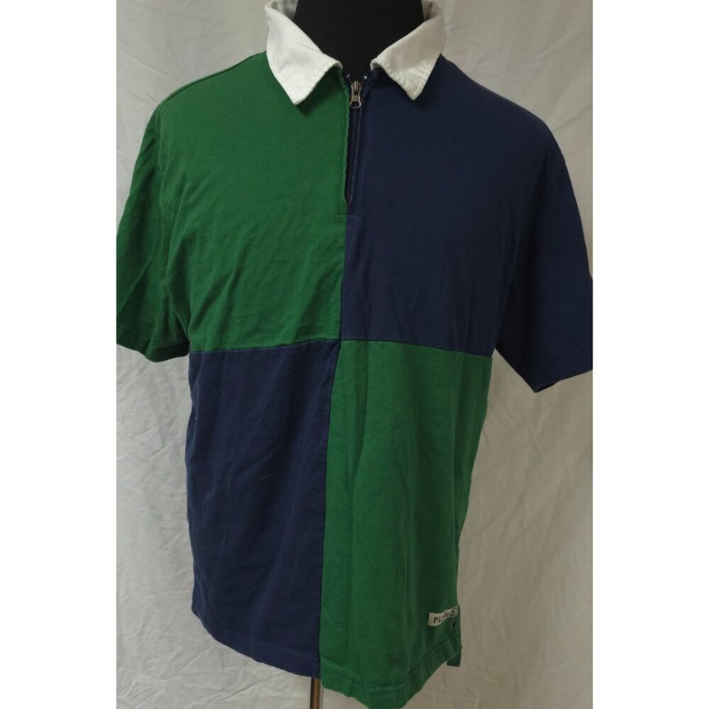 Plugg Mens XL Green Blue Color block Quarter Zip Logo Preppy Rugby Polo Shirt